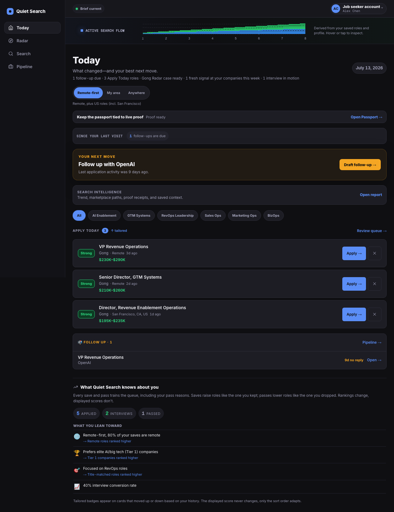 Quiet Search Today screen showing the current next move, role recommendations, and follow-up work