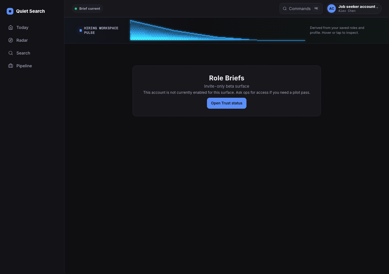 Quiet Search Hiring workspace showing company-side marketplace controls